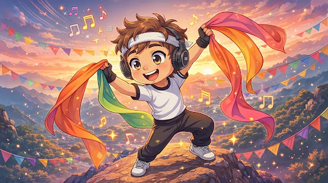 Gezeichneter kleiner Luka mit Stirnband und Kopfhörern tanzt fröhlich mit bunten Tüchern zu Bollywood-Musik, um ihn Musiknoten und Wimpelketten.