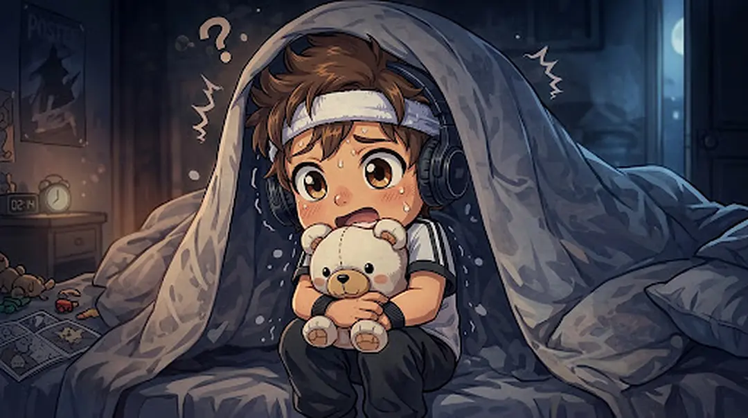 Gezeichneter kleiner Luka sitzt nachts im Bett, die Decke über dem Kopf, und drückt ängstlich seinen Teddy an sich.
