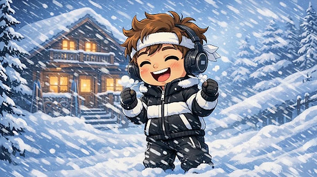 Chibi-Luka in Skijacke und Kopfhörern jubelt im Schneegestöber vor einer beleuchteten Holzhütte in den Bergen