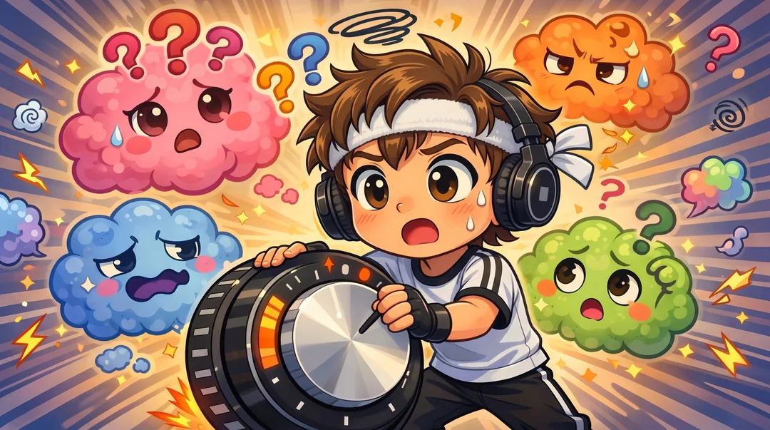 Chibi-Luka kämpft mit einem riesigen Lautstärkeregler, rundherum bunte Gefühlswolken mit traurigen, wütenden und verwirrten Gesichtern.