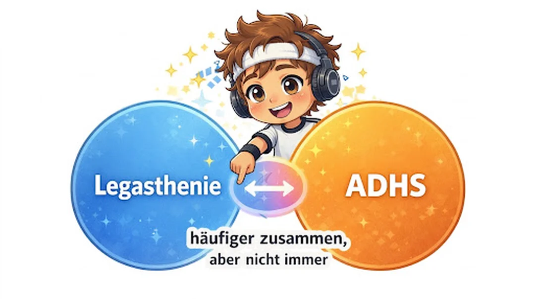 Chibi-Luka zwischen zwei Kreisen „Legasthenie“ und „ADHS“, die sich teilweise überschneiden: häufiger zusammen, aber nicht immer