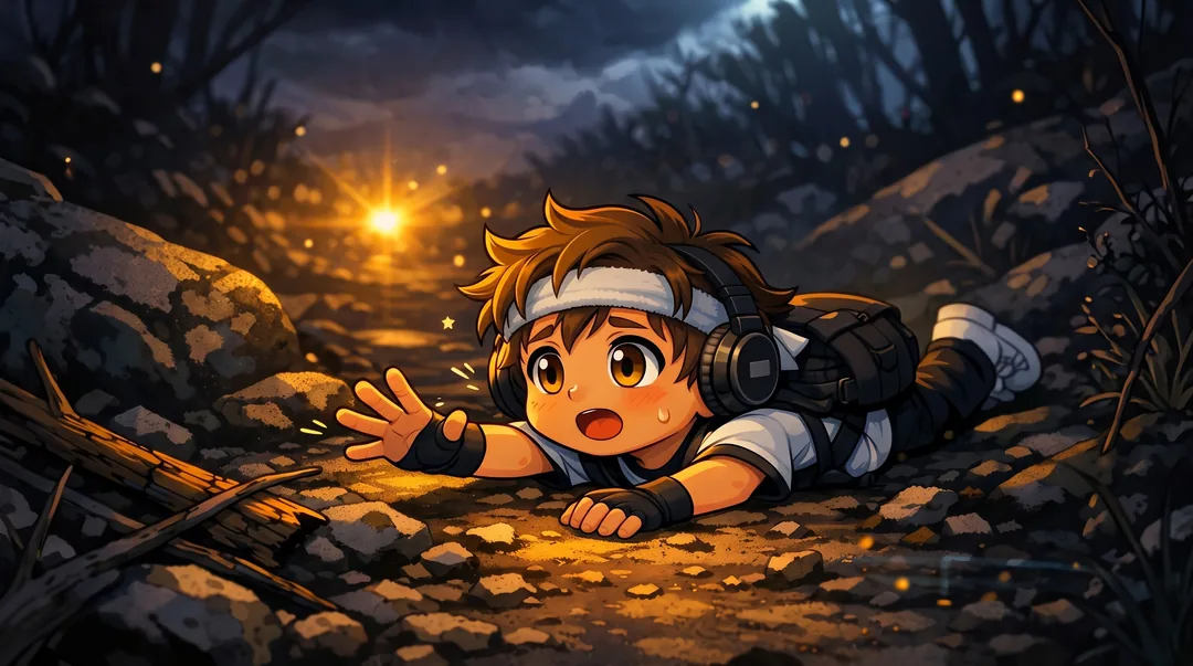 Chibi-Luka mit Rucksack kriecht nachts über einen steinigen Weg und streckt die Hand nach einem warmen Licht in der Ferne aus.