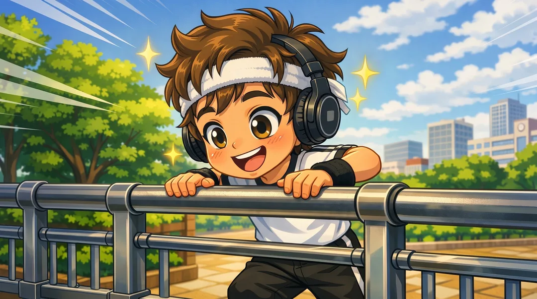 Chibi-Luka mit Stirnband und Kopfhörern hält sich fröhlich an einem stabilen Metallgeländer fest, im Hintergrund Bäume und Stadthäuser