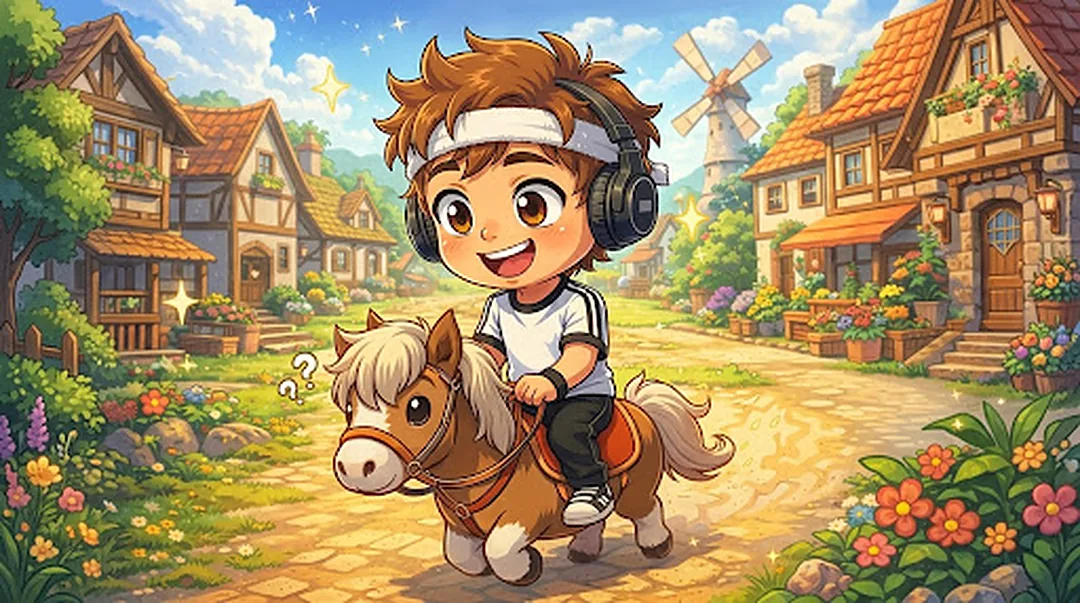 Chibi-Luka mit Stirnband und Kopfhörern reitet lachend auf einem Pony durch ein Dorf mit Fachwerkhäusern, Blumen und einer Windmühle