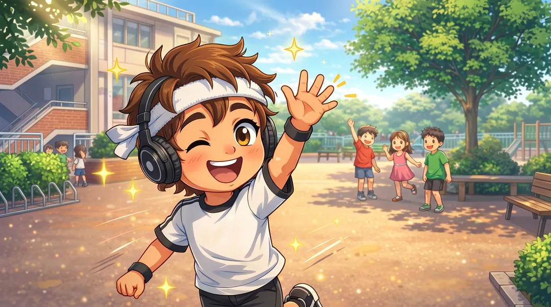 Chibi-Luka mit Stirnband und Kopfhörern rennt lachend über den sonnigen Pausenhof und winkt, im Hintergrund spielen andere Kinder