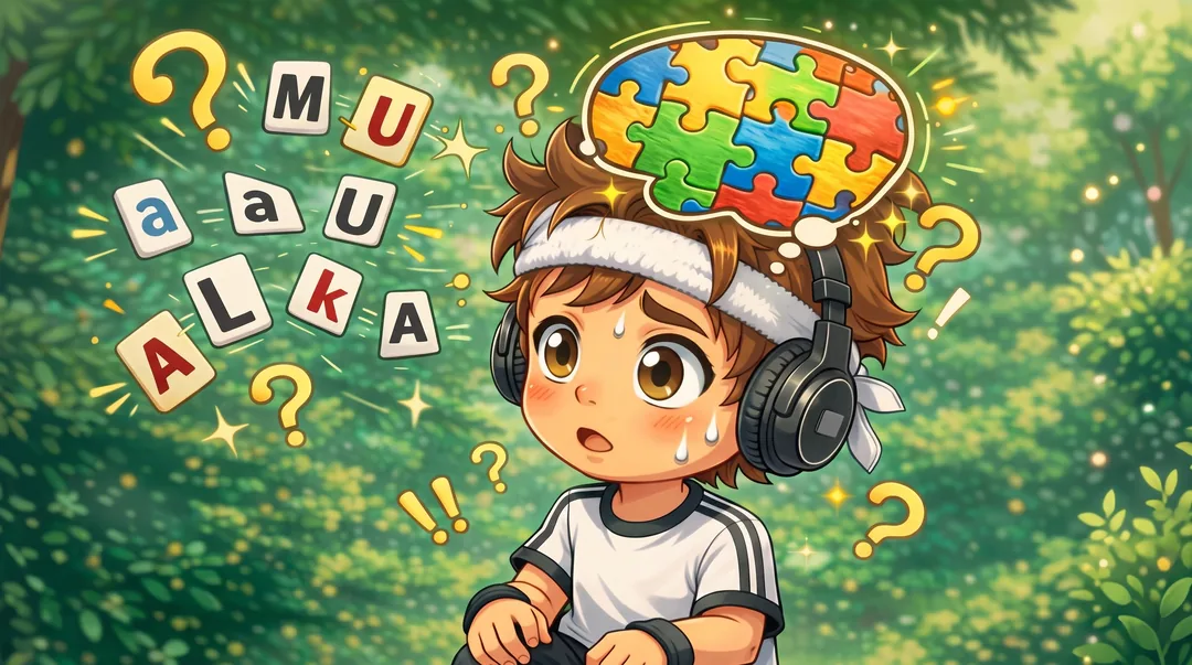 Chibi-Luka schaut verwirrt auf durcheinanderfliegende Buchstaben und Fragezeichen, in der Gedankenblase passen bunte Puzzleteile zusammen