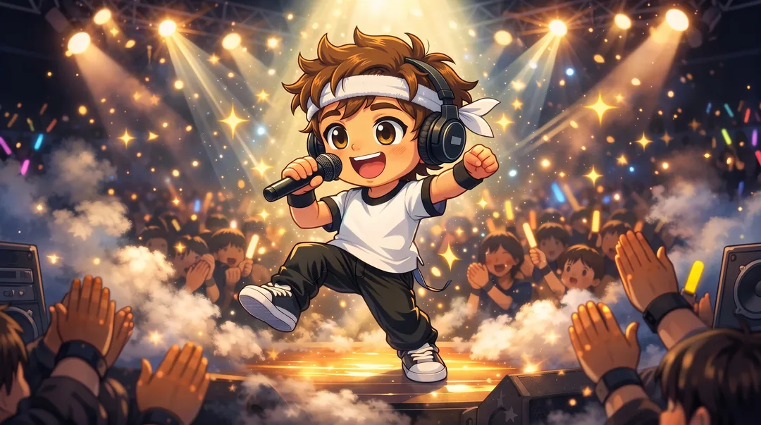 Chibi-Luka singt mit Mikrofon auf einer Bühne im Scheinwerferlicht, das Publikum klatscht und schwenkt Leuchtstäbe