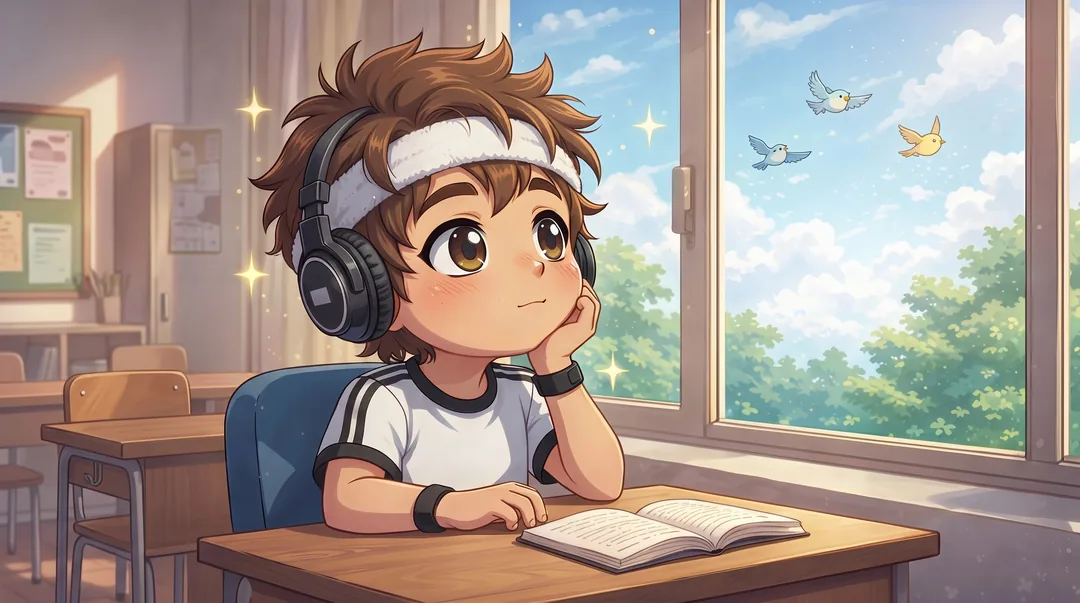 Chibi-Luka sitzt am Schulpult vor einem offenen Buch und schaut verträumt aus dem Fenster zu fliegenden Vögeln