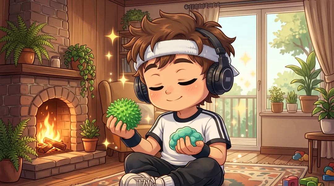 Chibi-Luka sitzt entspannt mit Kopfhörern vor dem Kamin, hält einen grünen Igelball und Knete in den Händen und lächelt mit geschlossenen Augen.