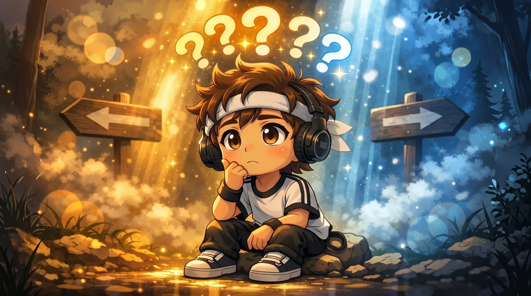 Chibi-Luka sitzt nachdenklich zwischen zwei Wegweisern in entgegengesetzte Richtungen, über dem Kopf schweben Fragezeichen