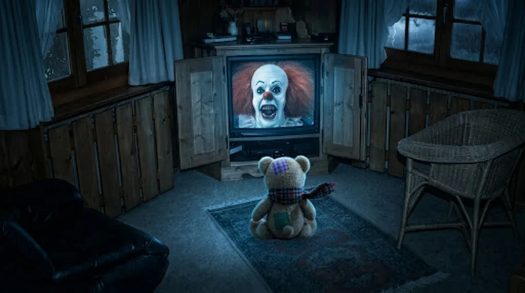 Teddy sitzt in einer dunklen Stube vor dem Fernseher, auf dem das Gesicht eines Horrorclowns zu sehen ist.