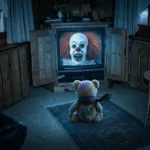 Teddy sitzt in einer dunklen Stube vor dem Fernseher, auf dem das Gesicht eines Horrorclowns zu sehen ist.