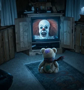 Teddy sitzt in einer dunklen Stube vor dem Fernseher, auf dem das Gesicht eines Horrorclowns zu sehen ist.
