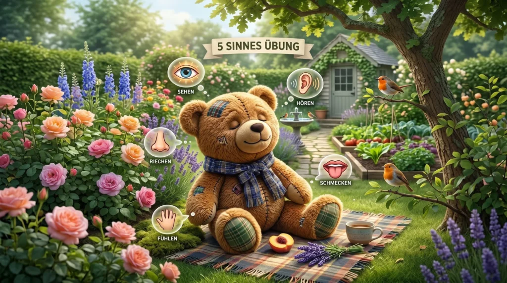 Fünf-Sinne-Übung: Teddy sitzt mit geschlossenen Augen auf einer Decke im Garten, um ihn herum Zeichen für Sehen, Hören, Riechen, Schmecken und Fühlen.