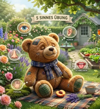 Fünf-Sinne-Übung: Teddy sitzt mit geschlossenen Augen auf einer Decke im Garten, um ihn herum Zeichen für Sehen, Hören, Riechen, Schmecken und Fühlen.