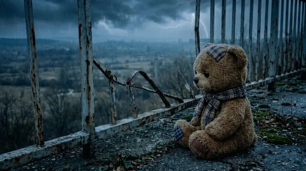 Teddy sitzt bei Gewitter auf einem Dach neben einem rostigen Geländer, das an einer Stelle kaputt ist.
