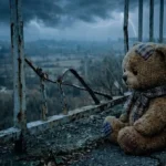 Teddy sitzt bei Gewitter auf einem Dach neben einem rostigen Geländer, das an einer Stelle kaputt ist.