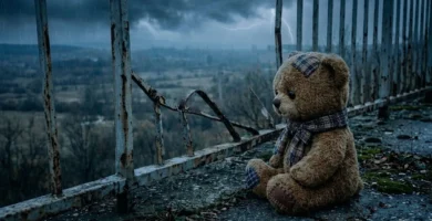 Teddy sitzt bei Gewitter auf einem Dach neben einem rostigen Geländer, das an einer Stelle kaputt ist.