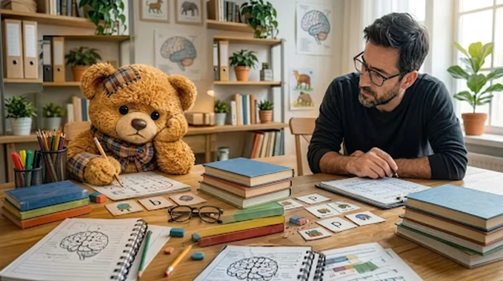 Teddy sitzt mit einem Fachmann am Tisch und löst einen Test mit Buchstaben- und Bildkarten, an der Wand hängen Gehirn-Poster.