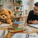 Teddy sitzt mit einem Fachmann am Tisch und löst einen Test mit Buchstaben- und Bildkarten, an der Wand hängen Gehirn-Poster.