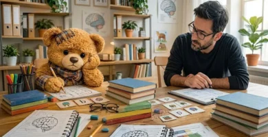 Teddy sitzt mit einem Fachmann am Tisch und löst einen Test mit Buchstaben- und Bildkarten, an der Wand hängen Gehirn-Poster.