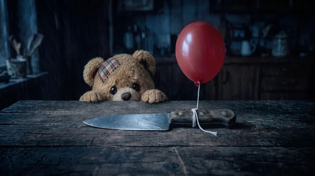 Teddy schaut in einer dunklen Küche über eine Tischkante, vor ihm liegt ein grosses Messer, an dem ein roter Ballon befestigt ist.