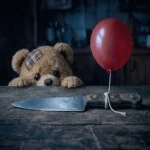 Teddy schaut in einer dunklen Küche über eine Tischkante, vor ihm liegt ein grosses Messer, an dem ein roter Ballon befestigt ist.