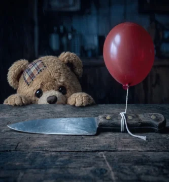 Teddy schaut in einer dunklen Küche über eine Tischkante, vor ihm liegt ein grosses Messer, an dem ein roter Ballon befestigt ist.