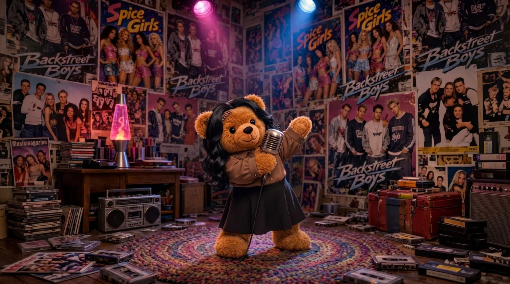 Teddy mit schwarzen Haaren singt mit einem Mikrofon in einem Zimmer voller Poster von Spice Girls und Backstreet Boys.