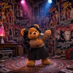 Teddy mit schwarzen Haaren singt mit einem Mikrofon in einem Zimmer voller Poster von Spice Girls und Backstreet Boys.