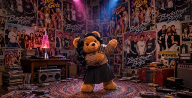 Teddy mit schwarzen Haaren singt mit einem Mikrofon in einem Zimmer voller Poster von Spice Girls und Backstreet Boys.