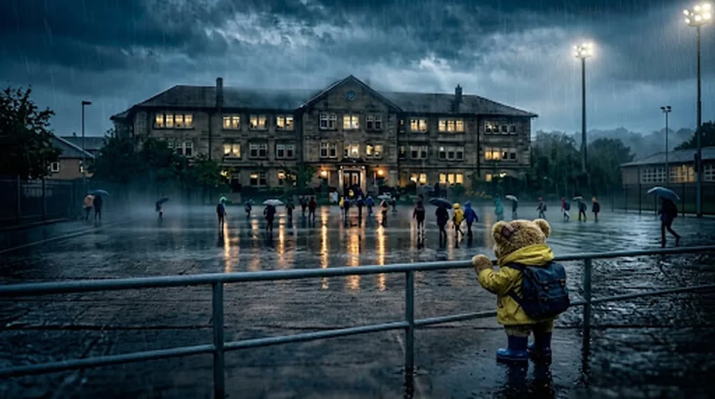 Teddy in gelber Regenjacke steht im Regen am Geländer und schaut zum Schulhaus, vor dem Kinder mit Schirmen gehen.