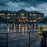 Teddy in gelber Regenjacke steht im Regen am Geländer und schaut zum Schulhaus, vor dem Kinder mit Schirmen gehen.