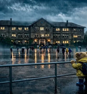 Teddy in gelber Regenjacke steht im Regen am Geländer und schaut zum Schulhaus, vor dem Kinder mit Schirmen gehen.