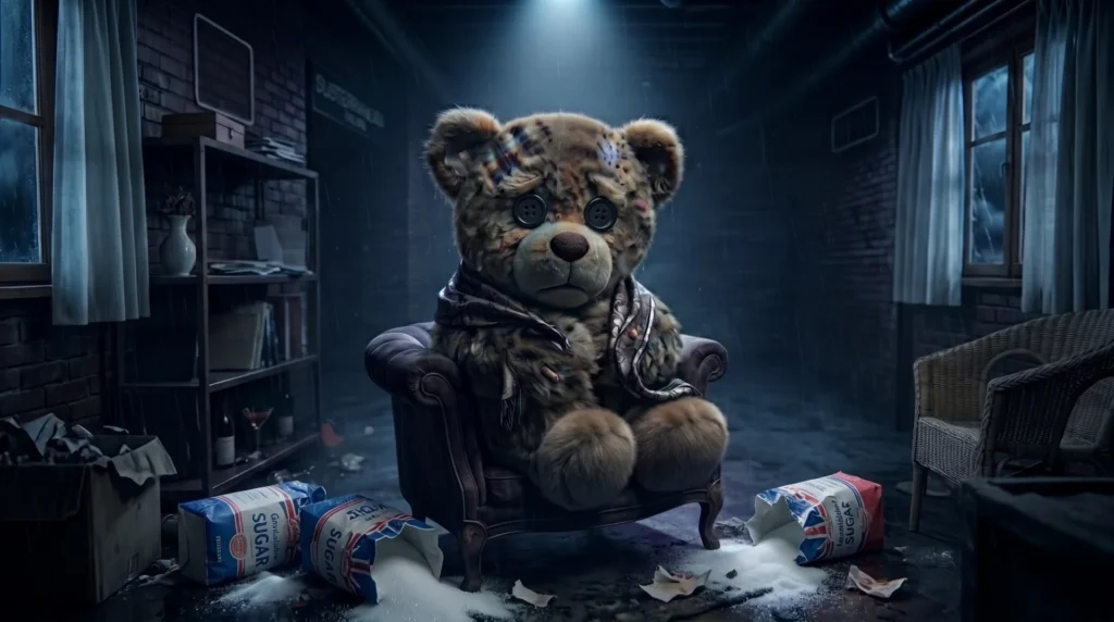Teddy sitzt zusammengesunken in einem Sessel in einem dunklen Zimmer, um ihn herum aufgerissene Zuckersäcke und verschütteter Zucker.