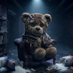 Teddy sitzt zusammengesunken in einem Sessel in einem dunklen Zimmer, um ihn herum aufgerissene Zuckersäcke und verschütteter Zucker.