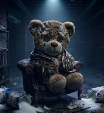 Teddy sitzt zusammengesunken in einem Sessel in einem dunklen Zimmer, um ihn herum aufgerissene Zuckersäcke und verschütteter Zucker.