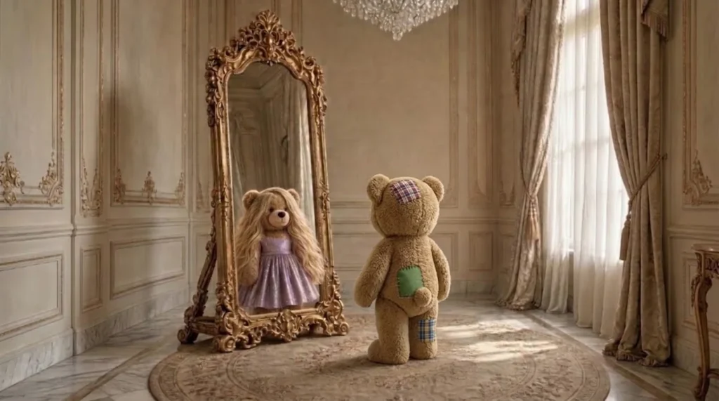 Teddy steht vor einem goldenen Spiegel, im Spiegel ist ein Teddy mit langen Haaren und lila Kleid zu sehen.