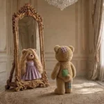Teddy steht vor einem goldenen Spiegel, im Spiegel ist ein Teddy mit langen Haaren und lila Kleid zu sehen.