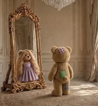 Teddy steht vor einem goldenen Spiegel, im Spiegel ist ein Teddy mit langen Haaren und lila Kleid zu sehen.