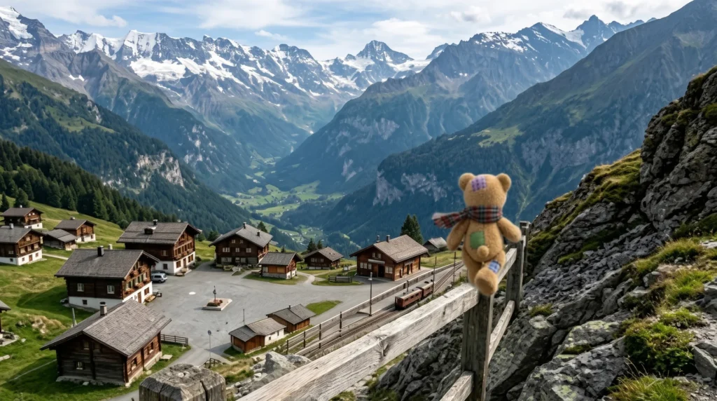 Teddy sitzt auf einem Holzzaun am Felsen und schaut über ein Bergdorf mit Holzhäusern und Bahnlinie ins Tal.