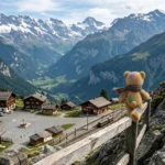 Teddy sitzt auf einem Holzzaun am Felsen und schaut über ein Bergdorf mit Holzhäusern und Bahnlinie ins Tal.