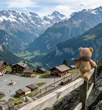 Teddy sitzt auf einem Holzzaun am Felsen und schaut über ein Bergdorf mit Holzhäusern und Bahnlinie ins Tal.